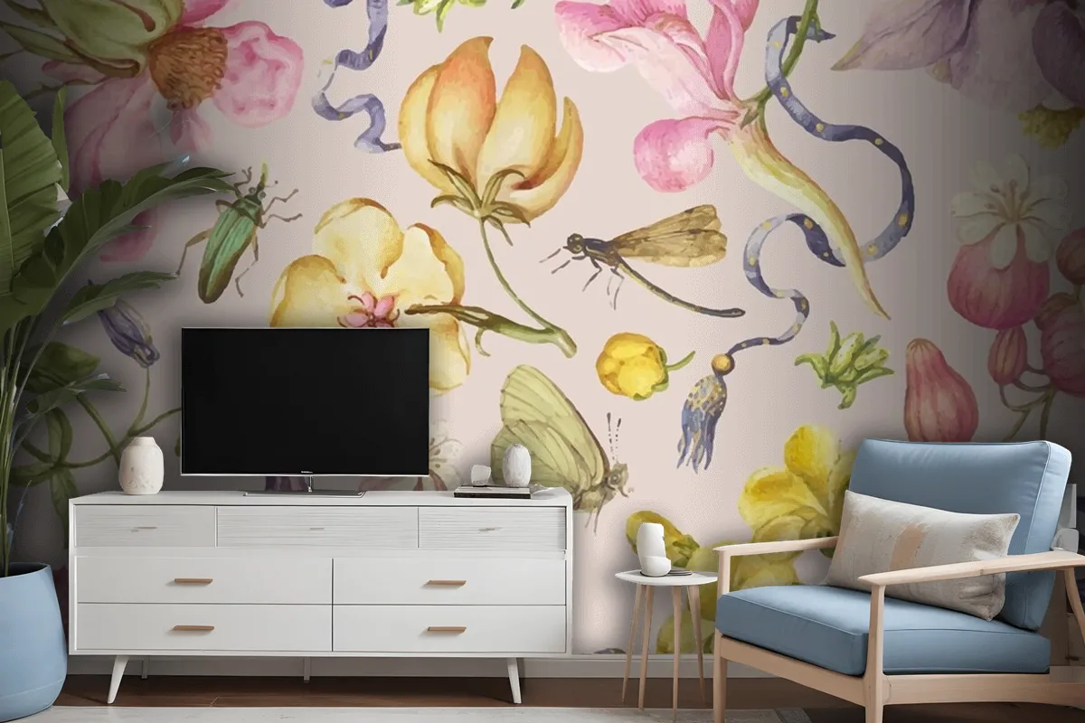 Fototapete Bunter Vintage BlumenmusterVektor Auf Rosa Hintergrund