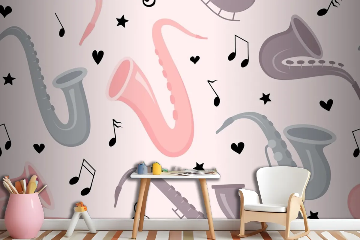 Fototapete Nahtloses Muster Mit Handgezeichnetem Saxophon