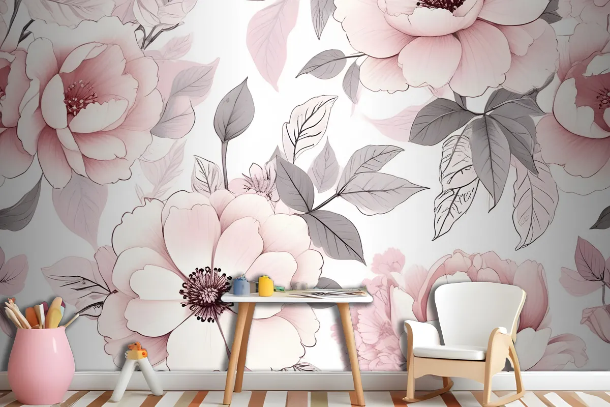Kinderzimmer Blumen Tapetenbild mit Rosa Rosenmuster