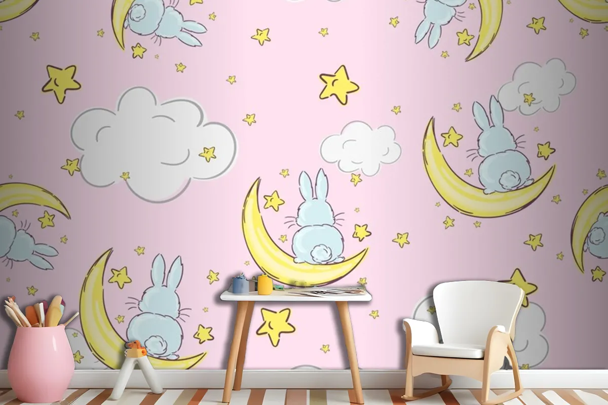 NachthimmelKritzelmuster Mit Süßen Kaninchen Die Auf Monden Und Sternen Sitzen Nahtlose Fototapete