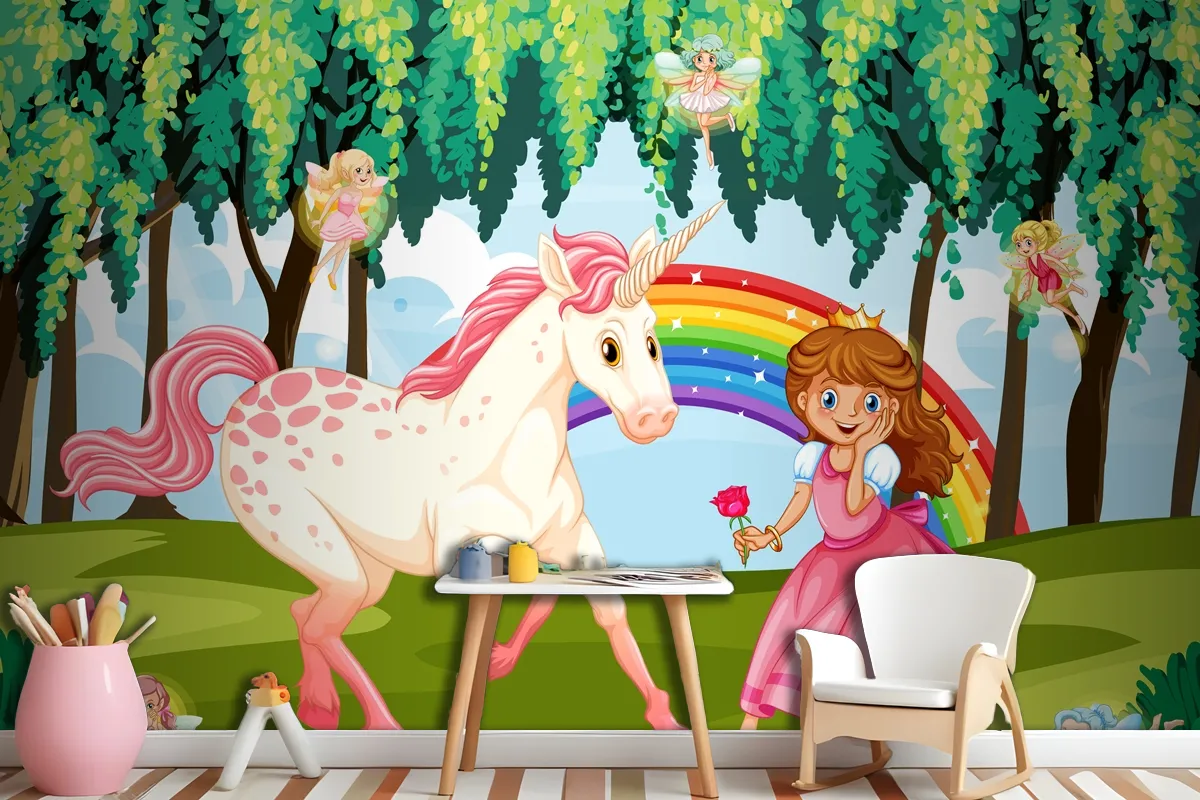Fototapete Prinzessin Und Einhorn Im Zauberwald