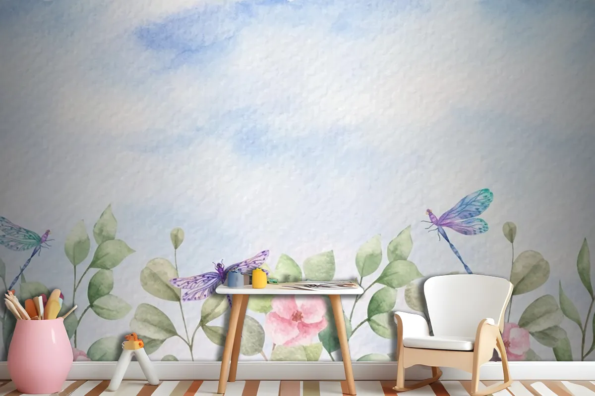 Fototapete Aquarell Wilde Blätter Landschaft Hintergrund Mit Libellen