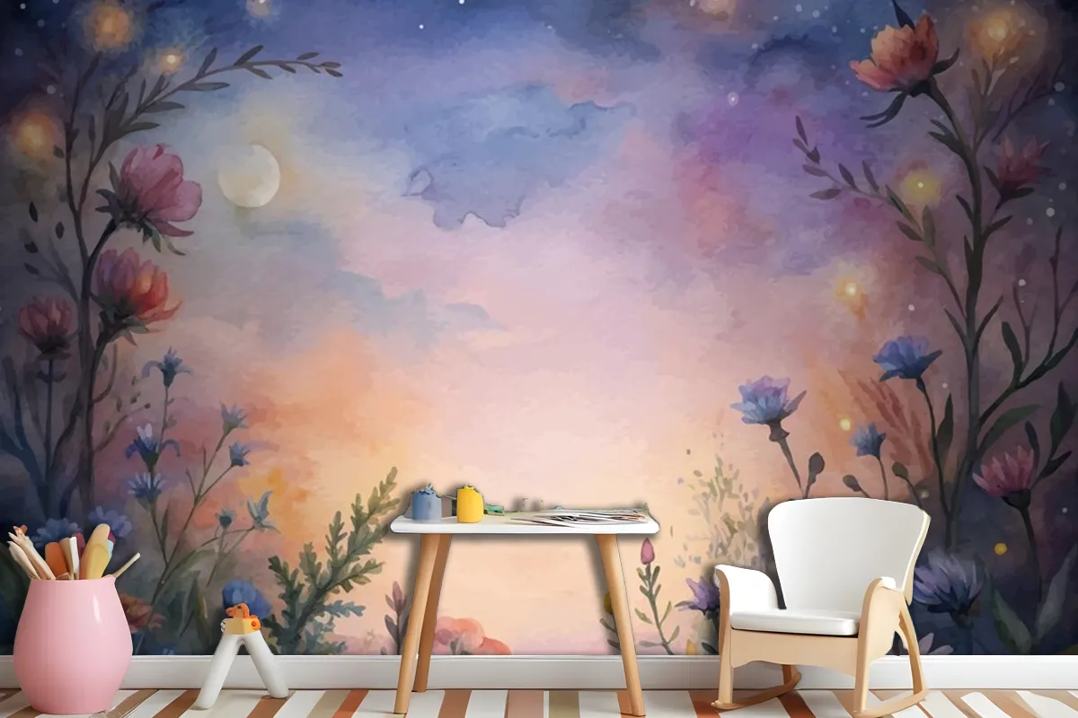 Fototapete WildblumenAquarellHintergrund Bei Sonnenuntergang