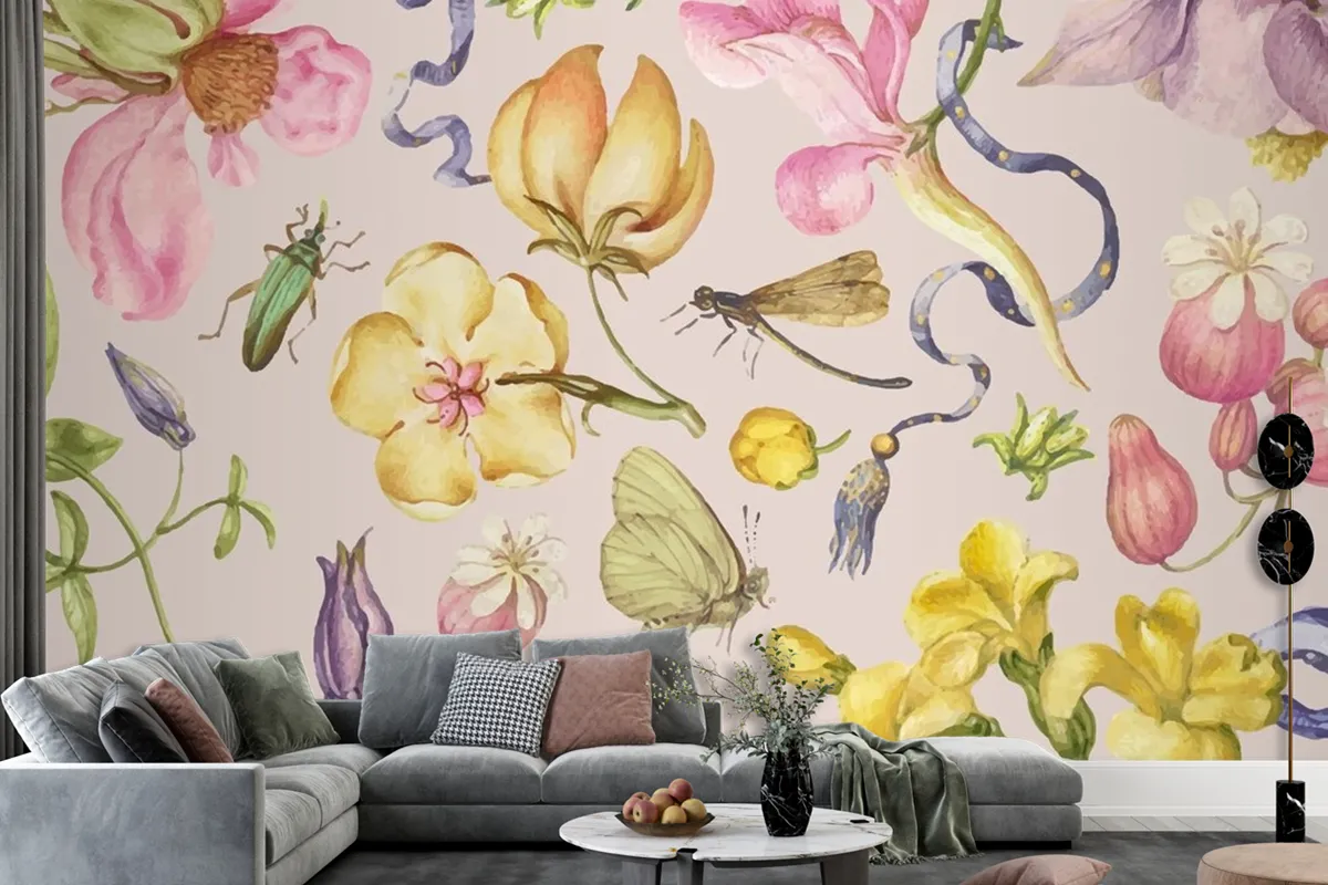 Fototapete Bunter Vintage BlumenmusterVektor Auf Rosa Hintergrund