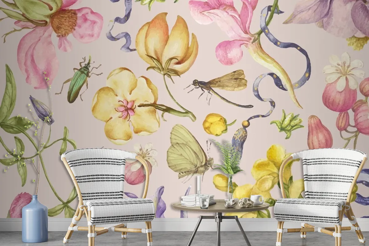 Fototapete Bunter Vintage BlumenmusterVektor Auf Rosa Hintergrund