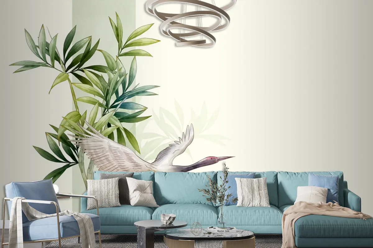 Fototapete Asiatische Blumen Aquarell Mit Vögeln