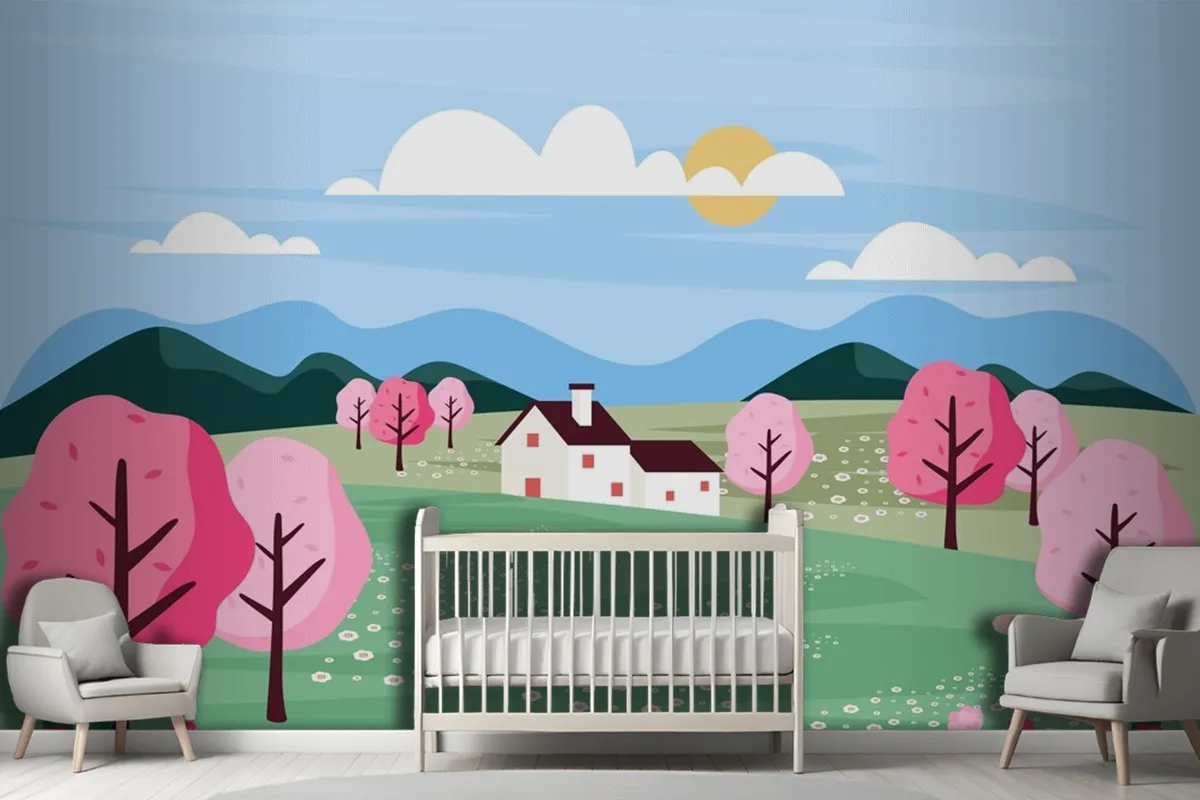 Fototapete Frühlingslandschaft Im Flachdesign