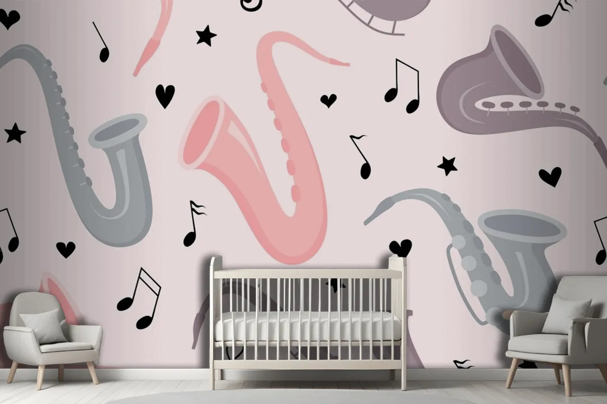 Fototapete Nahtloses Muster Mit Handgezeichnetem Saxophon