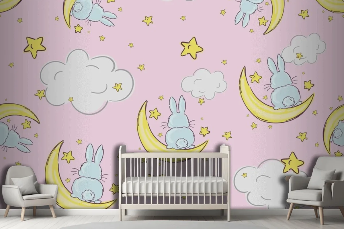NachthimmelKritzelmuster Mit Süßen Kaninchen Die Auf Monden Und Sternen Sitzen Nahtlose Fototapete