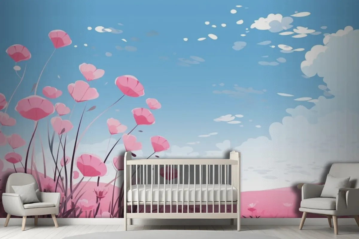 Fototapete Rosa Herzen Im Himmel Mit Blumen Und Wolken