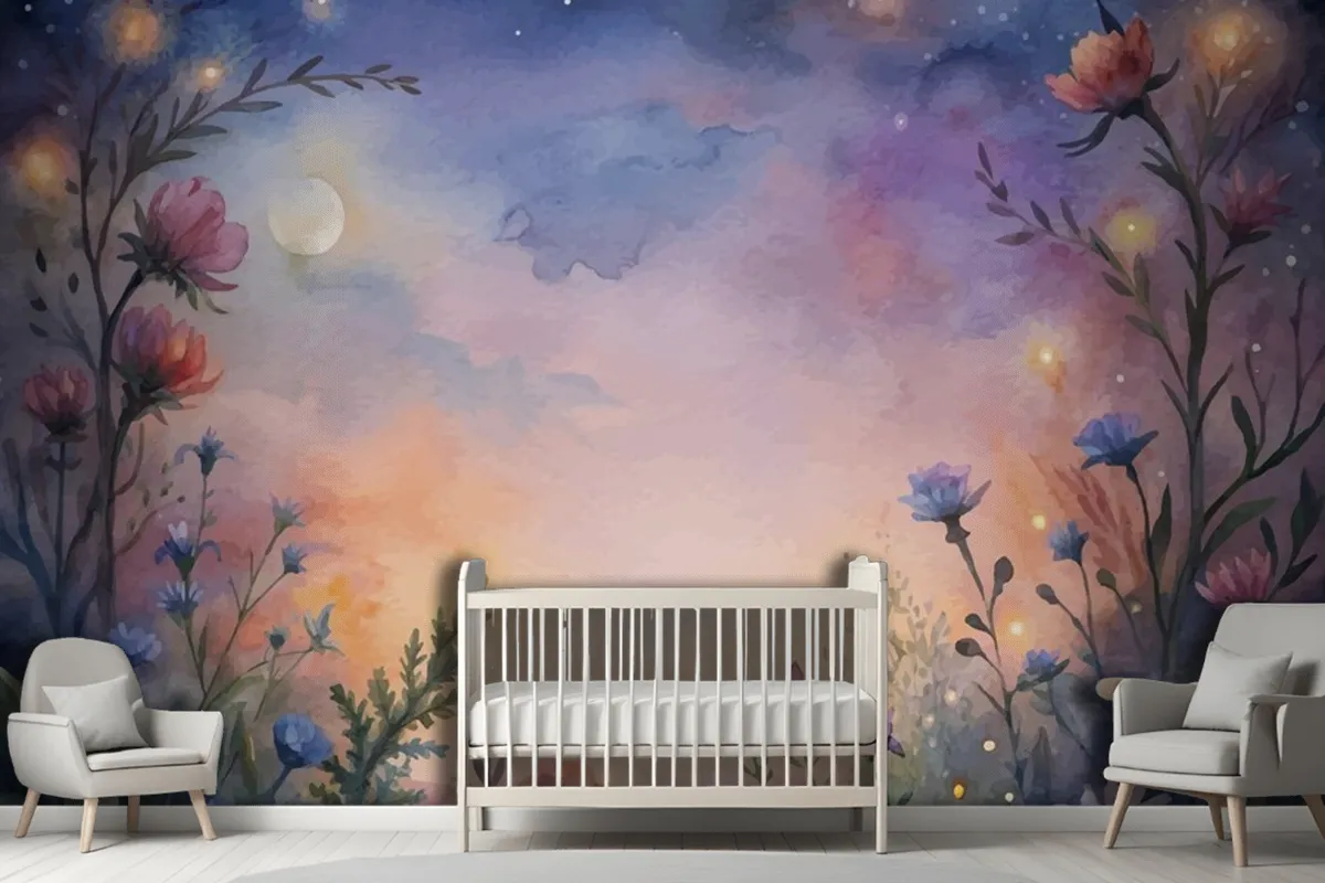 Fototapete WildblumenAquarellHintergrund Bei Sonnenuntergang