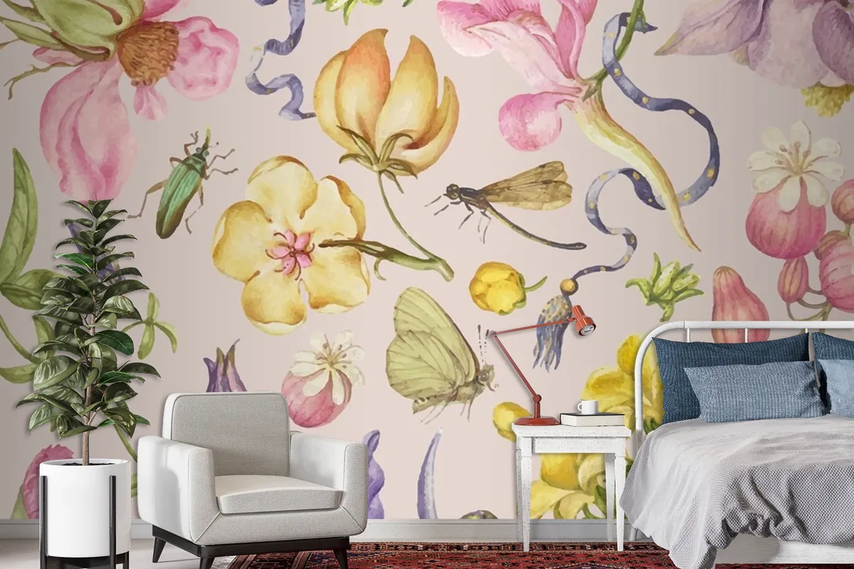 Fototapete Bunter Vintage BlumenmusterVektor Auf Rosa Hintergrund