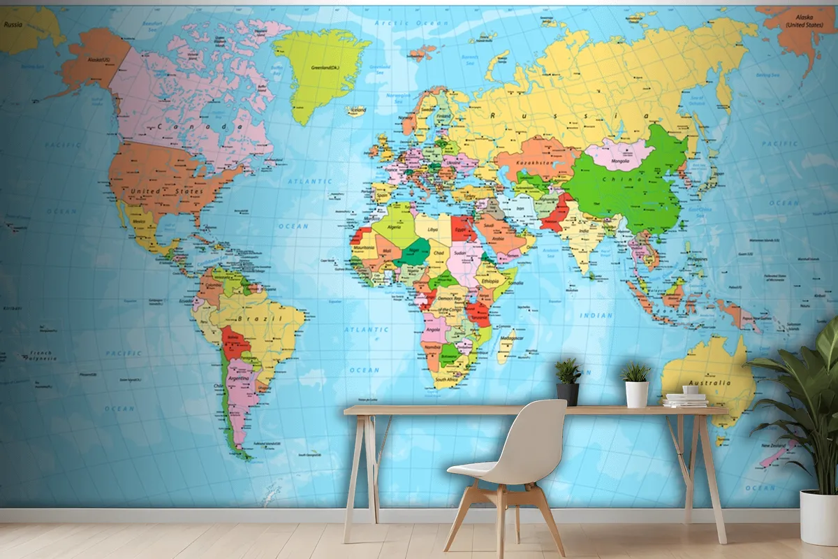 Fototapete Detaillierte Politische Weltkarte Mit Hauptstädten