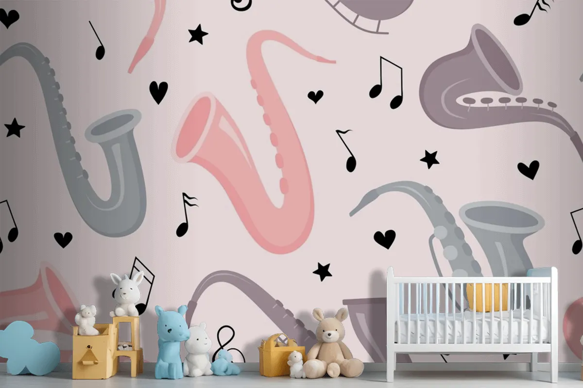 Fototapete Nahtloses Muster Mit Handgezeichnetem Saxophon