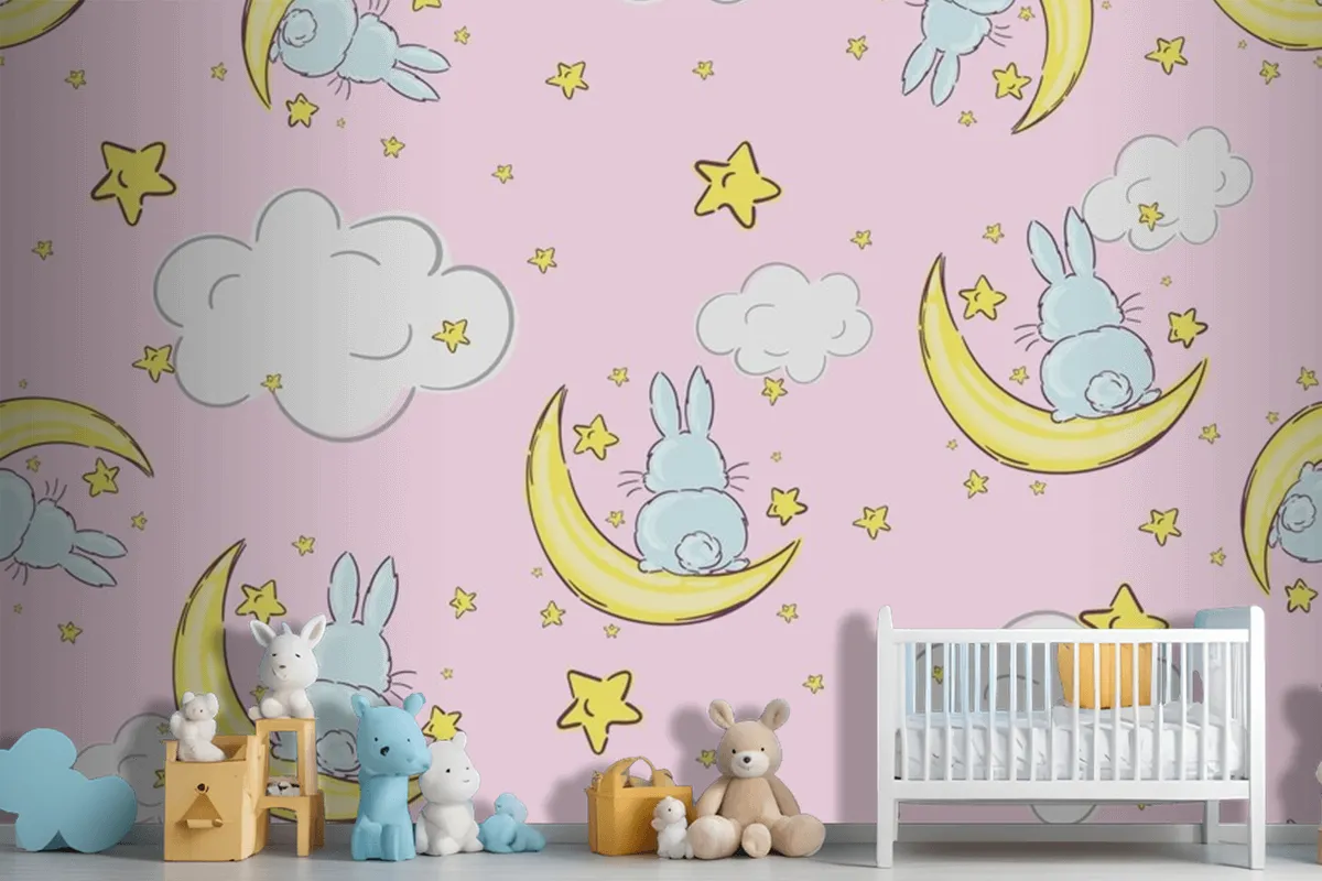 NachthimmelKritzelmuster Mit Süßen Kaninchen Die Auf Monden Und Sternen Sitzen Nahtlose Fototapete
