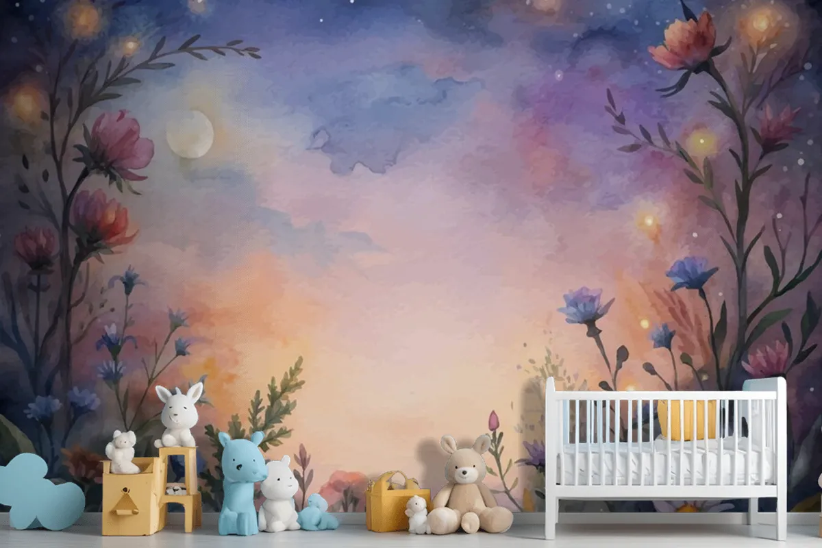 Fototapete WildblumenAquarellHintergrund Bei Sonnenuntergang