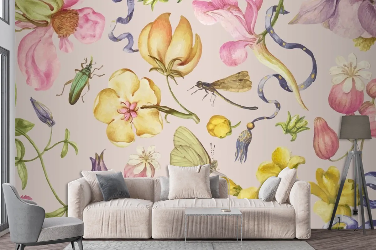 Fototapete Bunter Vintage BlumenmusterVektor Auf Rosa Hintergrund