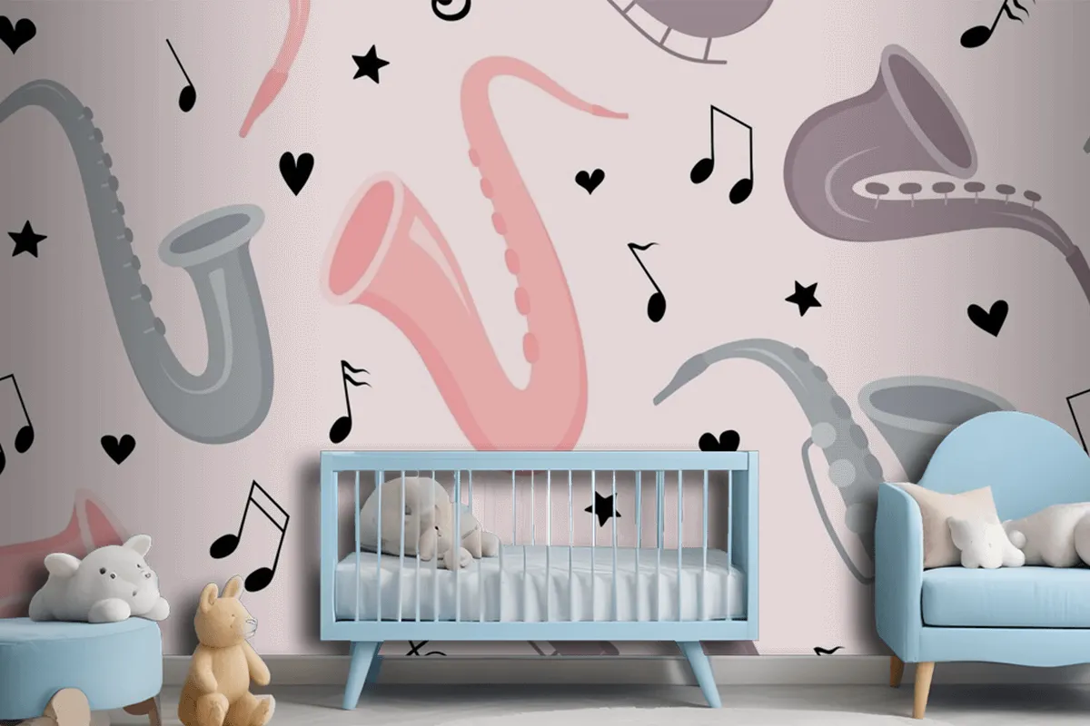 Fototapete Nahtloses Muster Mit Handgezeichnetem Saxophon