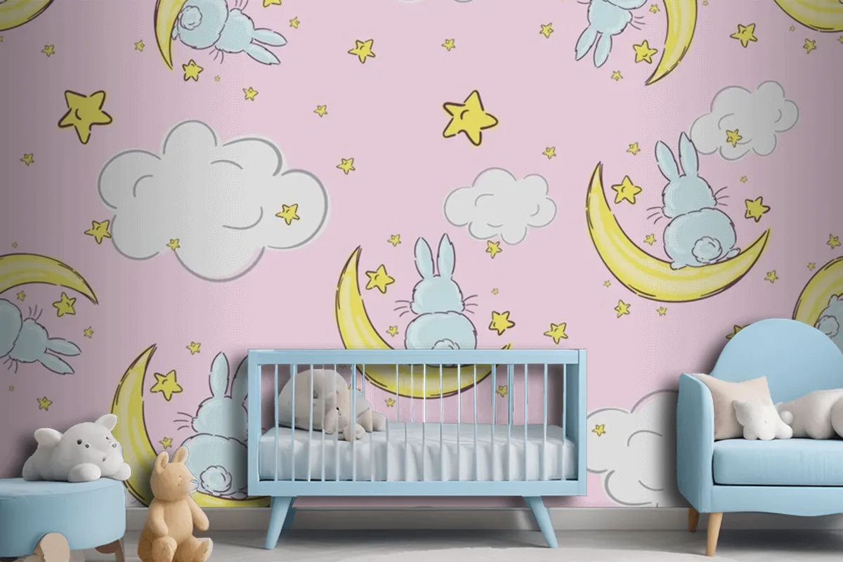 NachthimmelKritzelmuster Mit Süßen Kaninchen Die Auf Monden Und Sternen Sitzen Nahtlose Fototapete