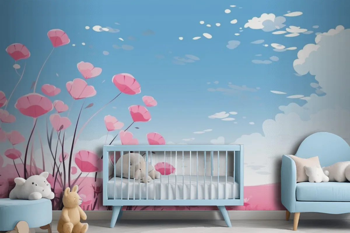 Fototapete Rosa Herzen Im Himmel Mit Blumen Und Wolken