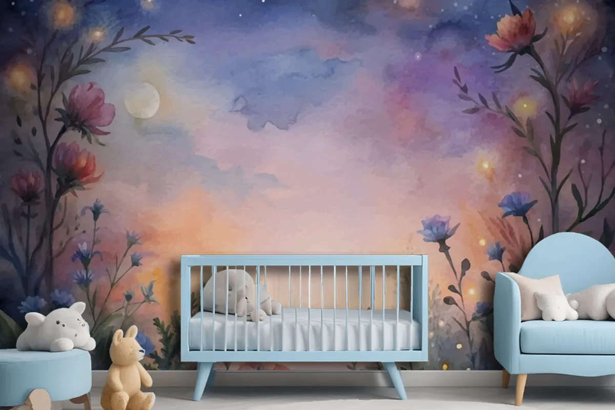 Fototapete WildblumenAquarellHintergrund Bei Sonnenuntergang