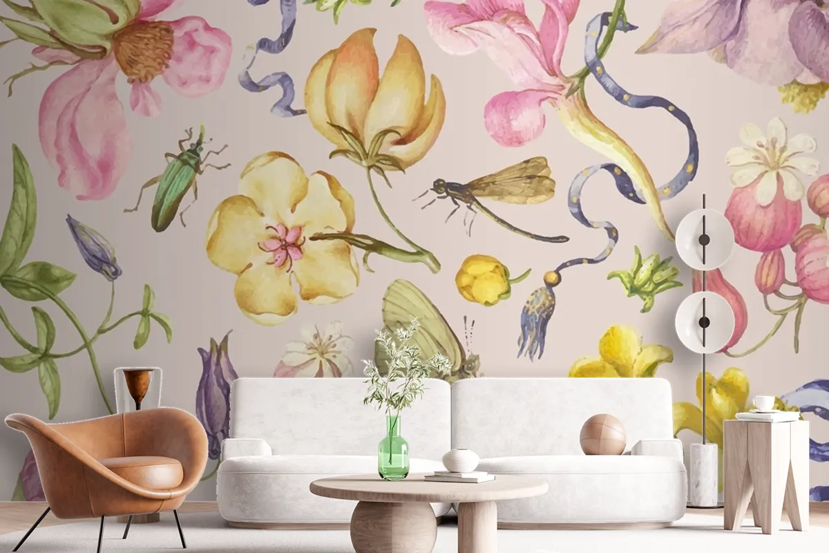 Fototapete Bunter Vintage BlumenmusterVektor Auf Rosa Hintergrund