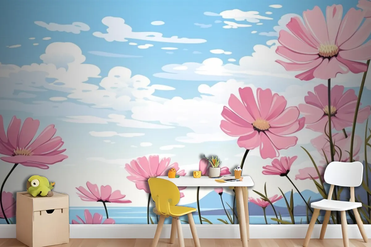 Fototapete Ein Gemälde Von Rosa Blumen Im Himmel Mit Den Worten Gänseblümchen