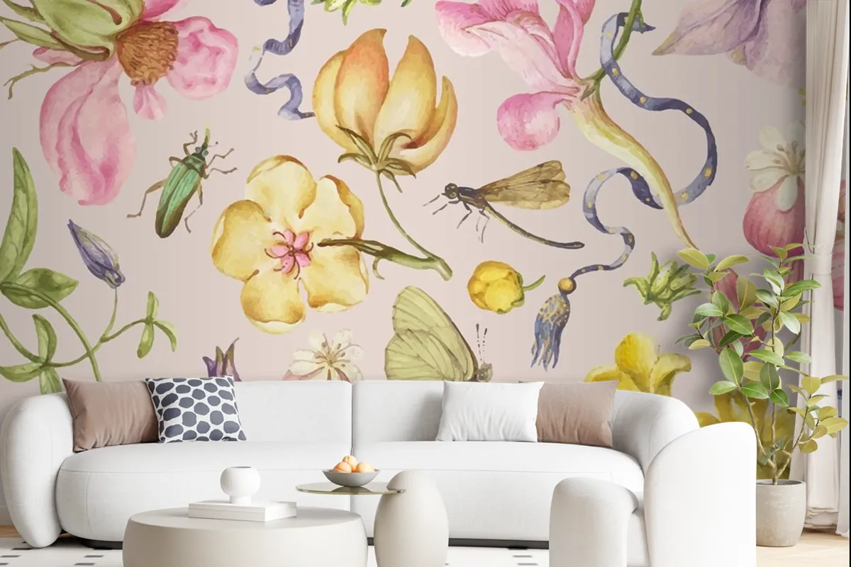 Fototapete Bunter Vintage BlumenmusterVektor Auf Rosa Hintergrund