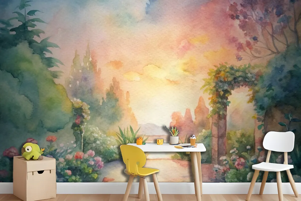 Fototapete AquarellHintergrund Mit Blumengarten