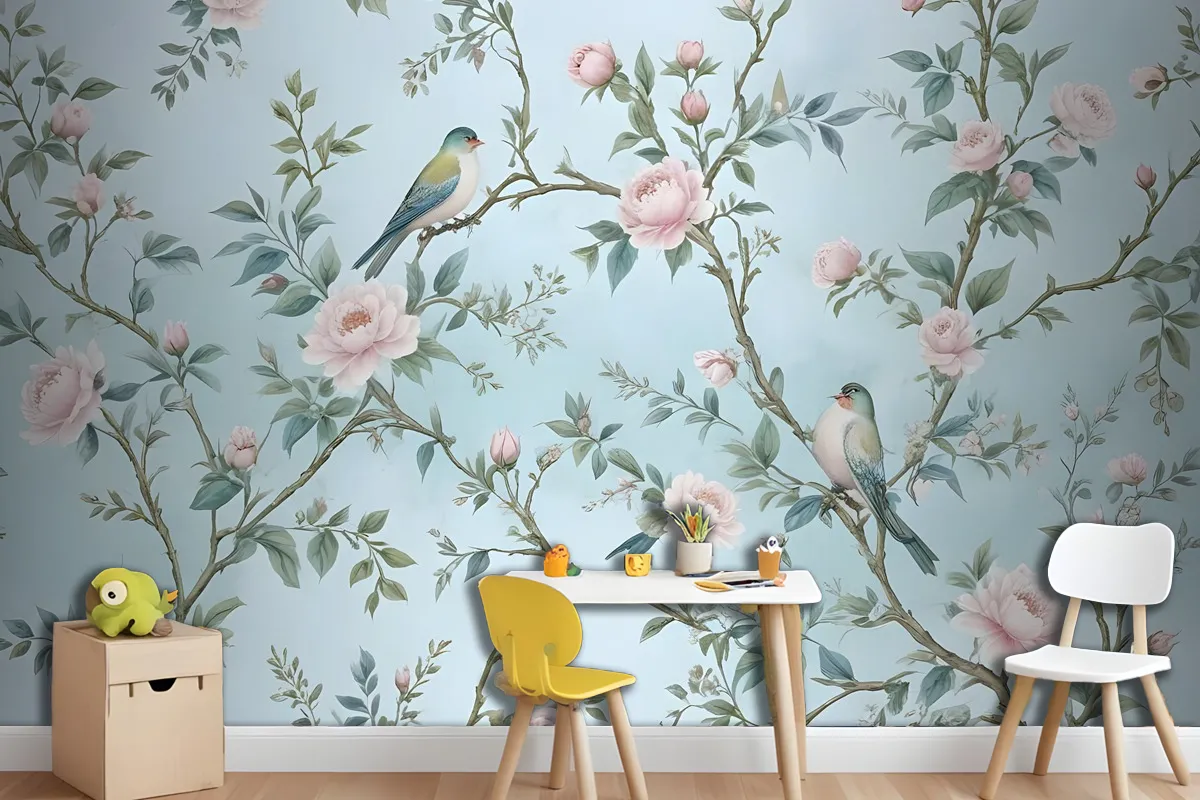 Fototapete Pfingstrosenblüte In AquarellChinoiserie