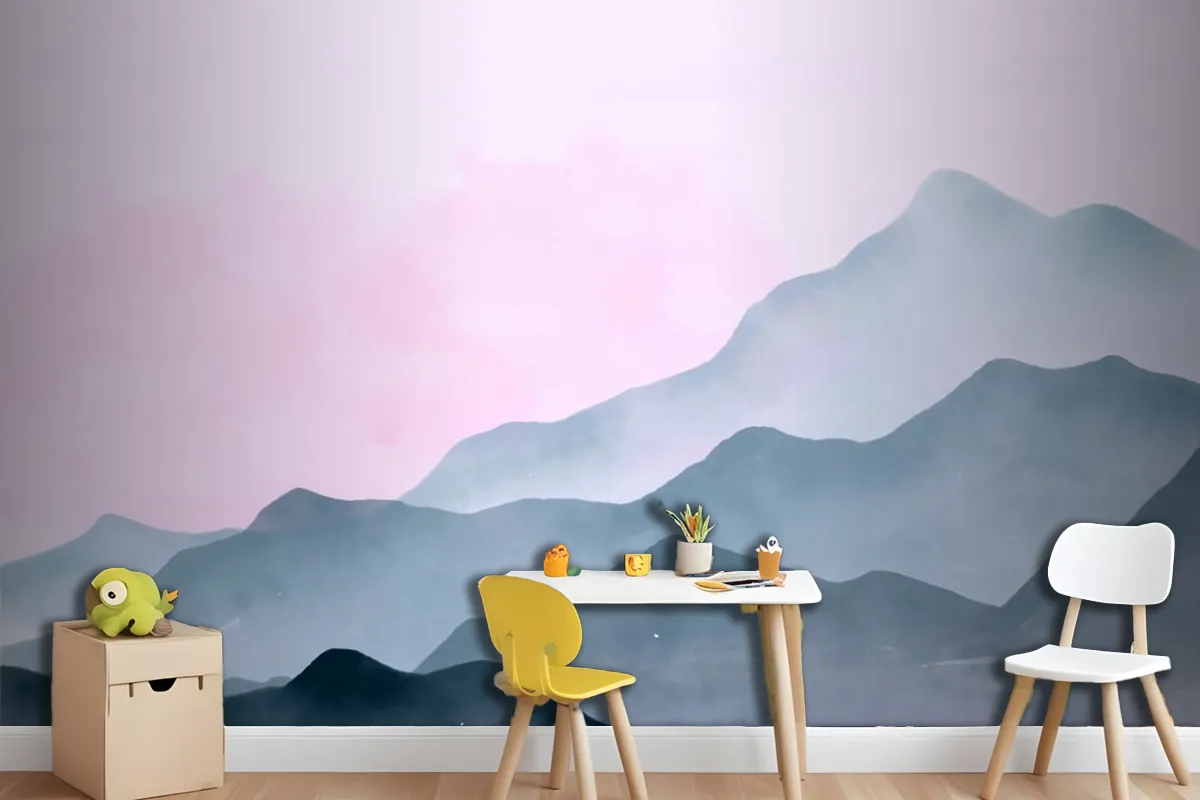 Fototapete Aquarell Berge Hintergrund Mit Rosa Himmel