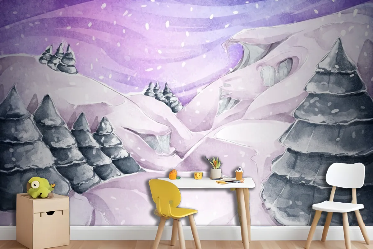 Fototapete Winterlandschaft Mit Kiefern In Aquarell