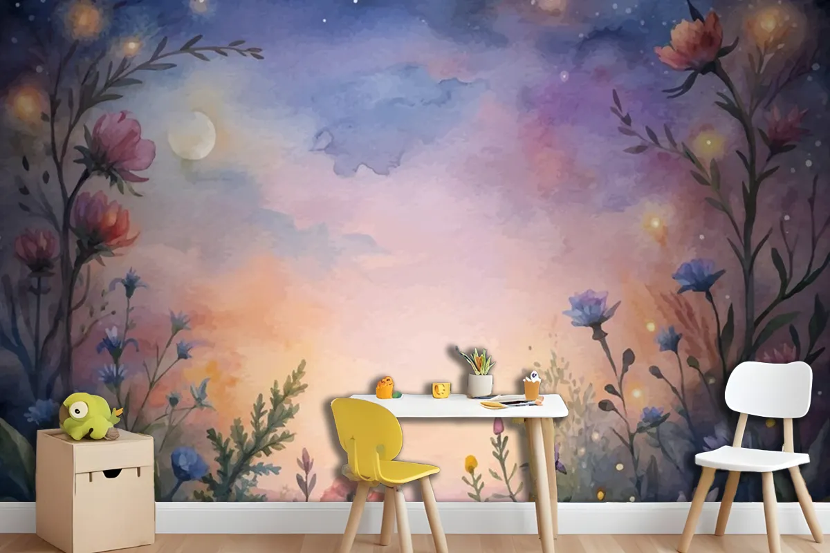 Fototapete WildblumenAquarellHintergrund Bei Sonnenuntergang