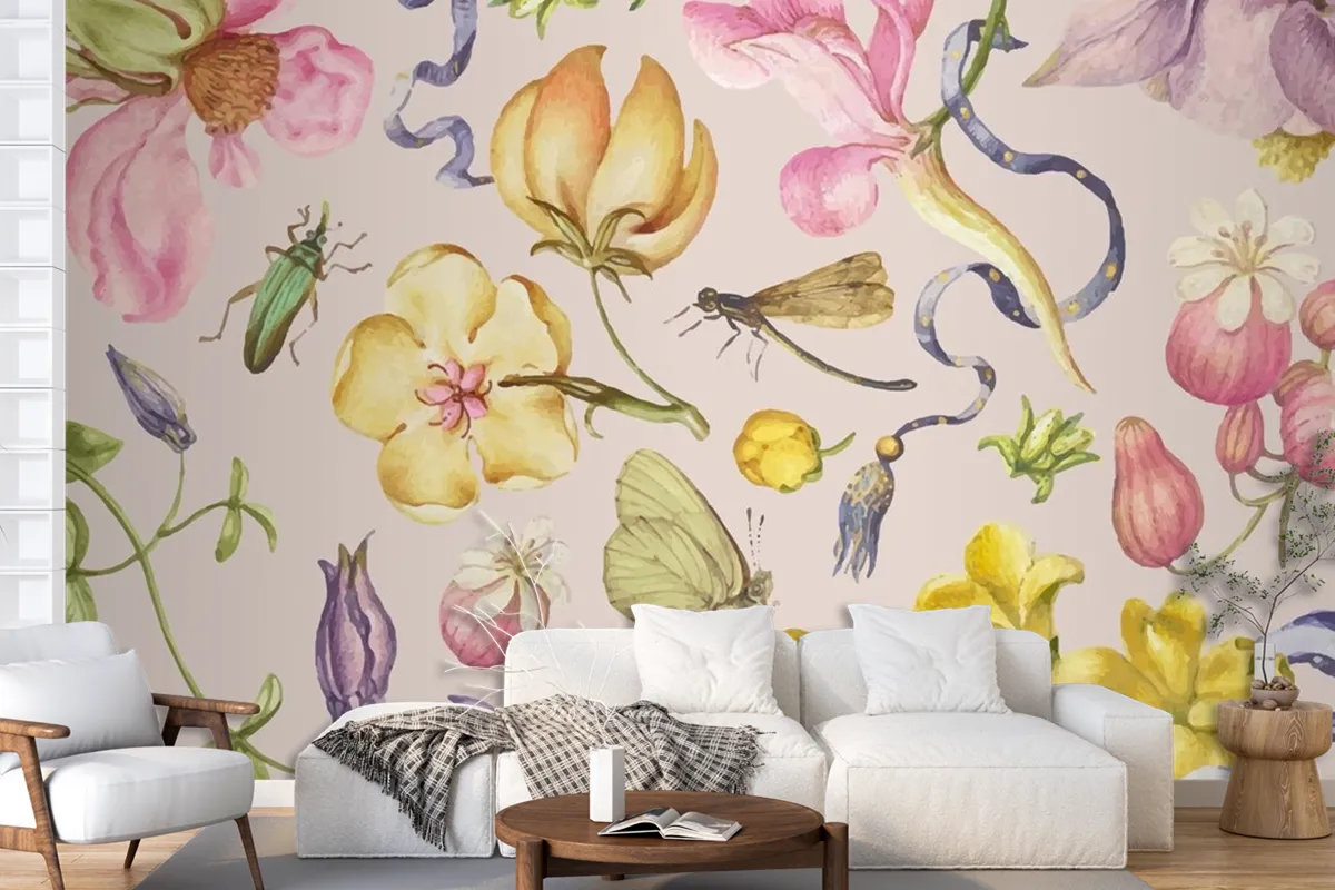 Fototapete Bunter Vintage BlumenmusterVektor Auf Rosa Hintergrund