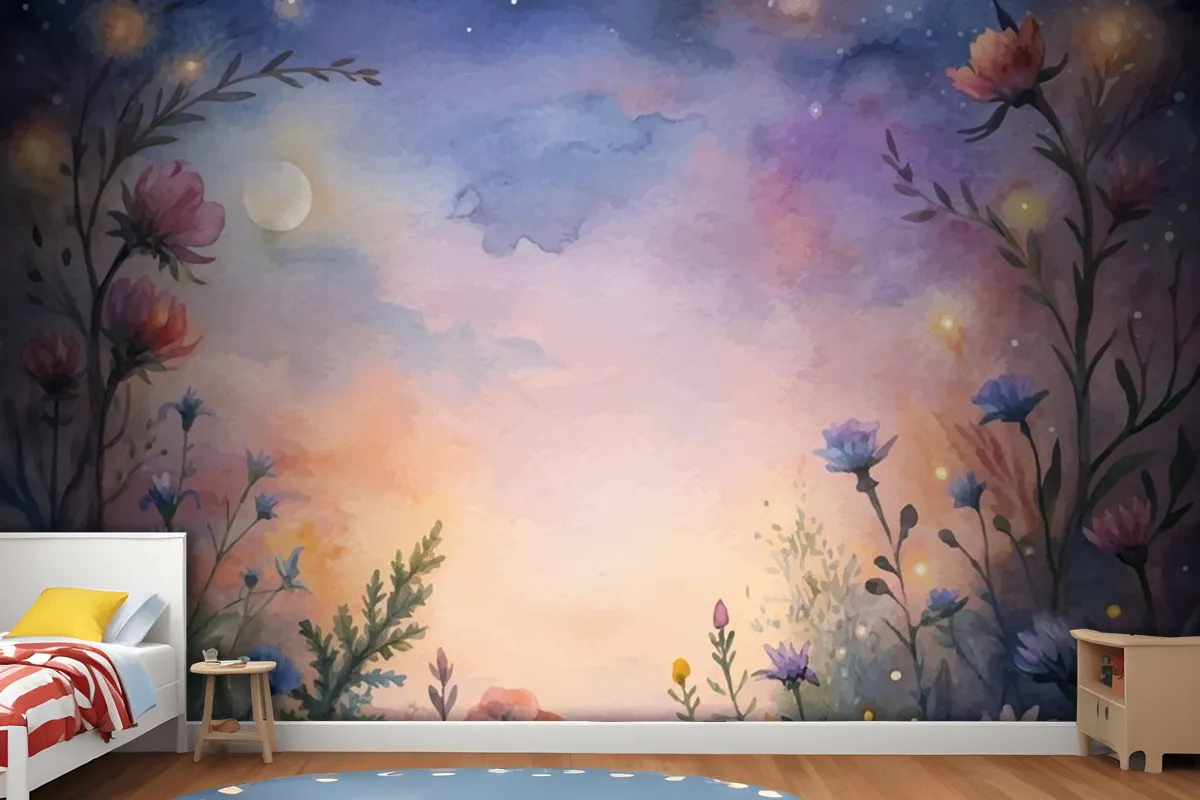 Fototapete WildblumenAquarellHintergrund Bei Sonnenuntergang